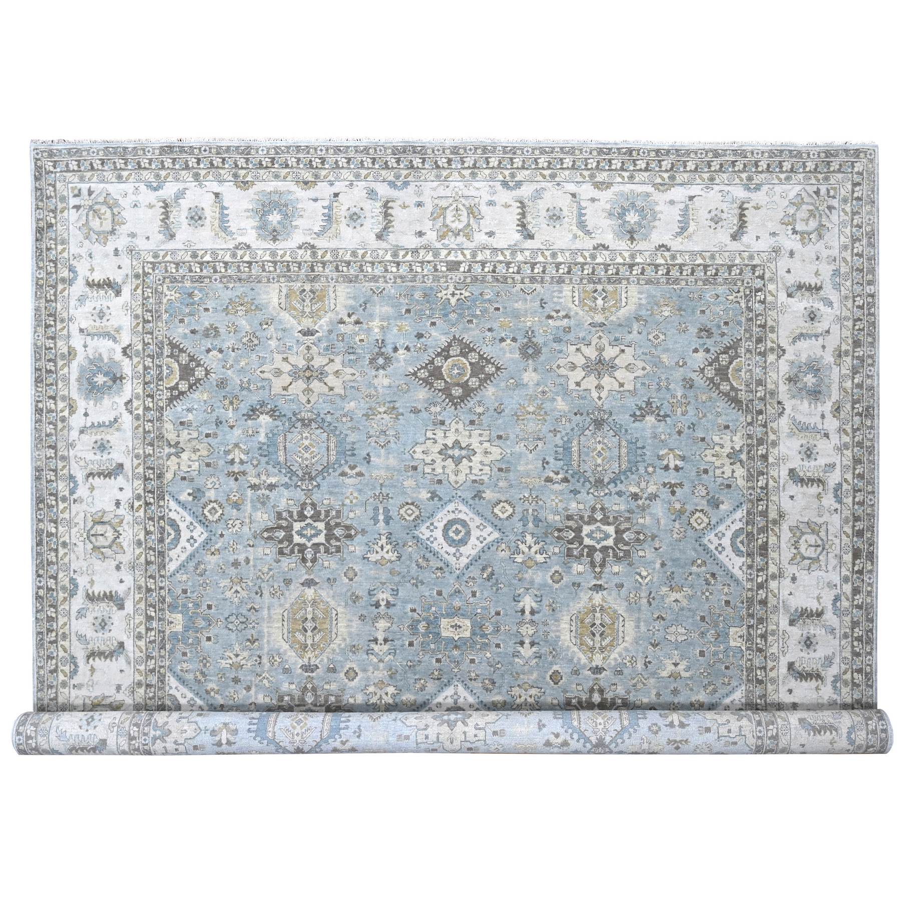 Slate Gray, Hand Knotted, Karajeh Design with Tribal Medallions, Densely Woven, Vegetable Dyes, Pure Wool, Squarish, Oriental Rug